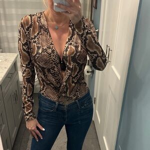 Zara Brown Snakeskin V-Neck Bodysuit